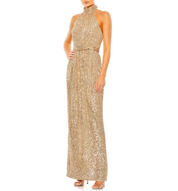 Mac Duggal Dresses & Skirts - Mac Duggal 11281 Gold Sequined Evening Gown Halter Neck Column Dress Size 4